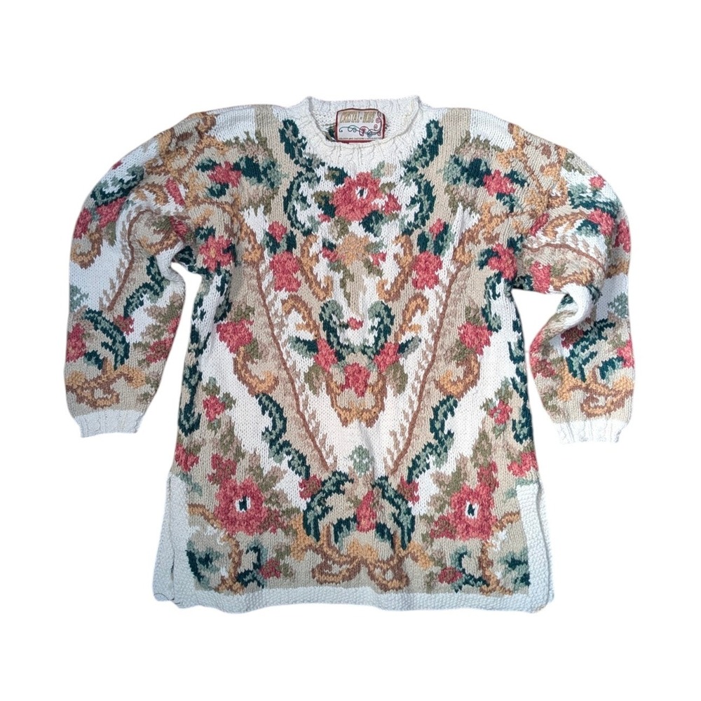 VTG Crystal Kobe Floral Tapestry Knit Sweater Cottagecore Grandpa Size L